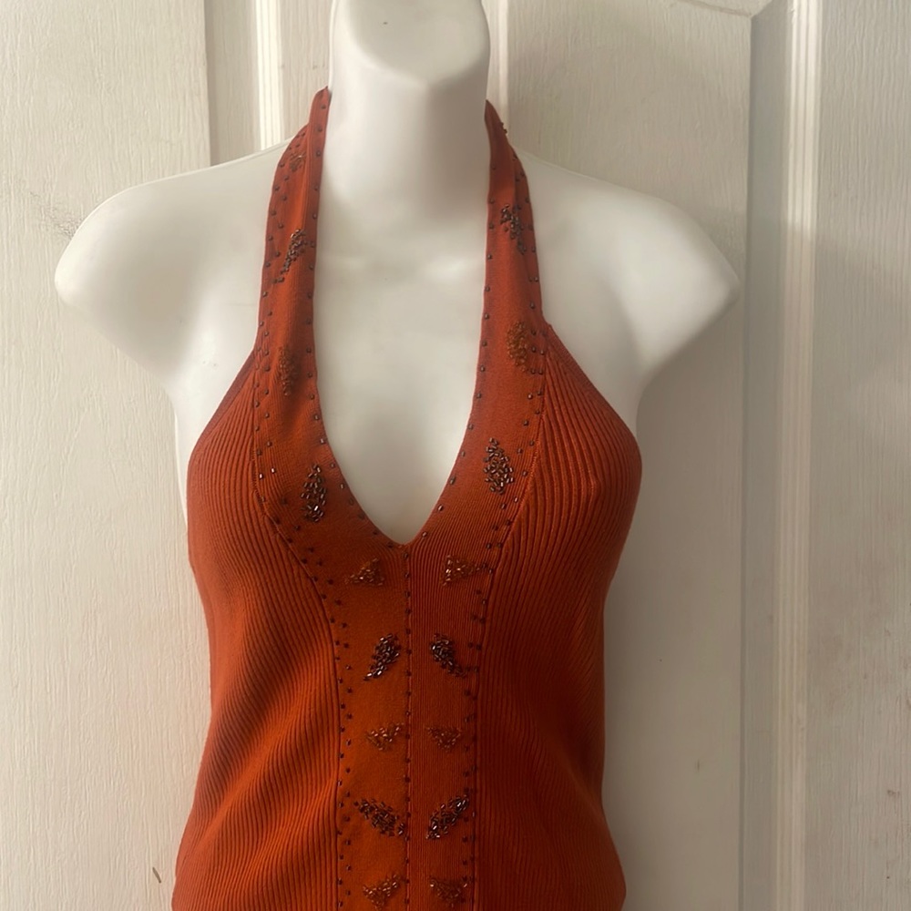 Burnt Orange Ribbed embellished beaded halter top size Large